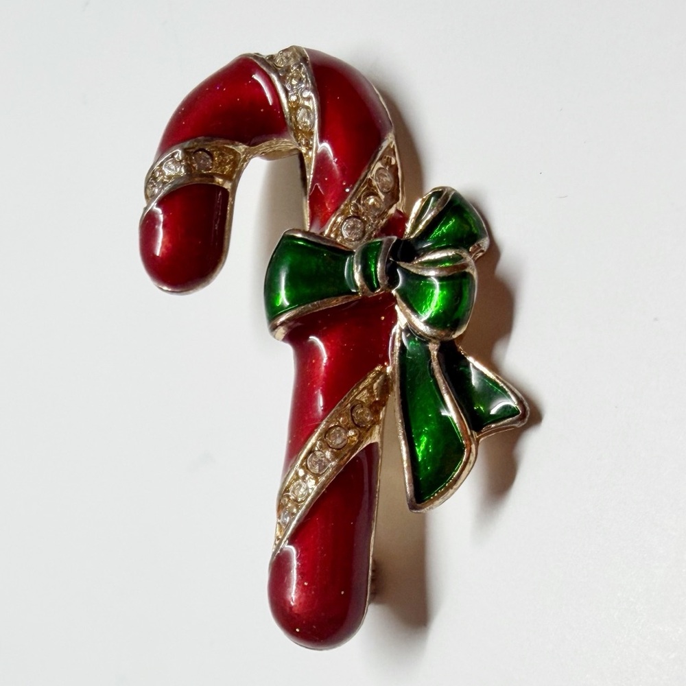 Vintage Enamel Rhinestone Candy Cane Brooch